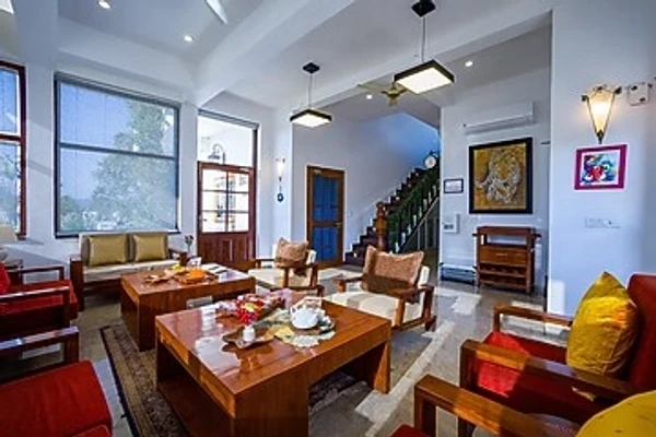 hotel with party hall in ramnagar, jim corbett - alaya stays farm naturelle  3 bhk farmhouse with garden