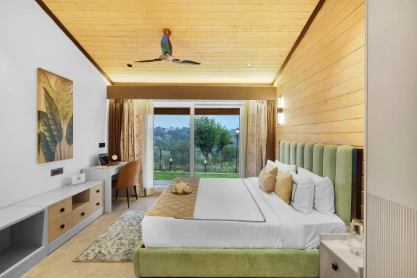 hotel with gym in gopalpur, palampur - elivaas esh moss hilltop 2-bhk retreat with open air jacuzzi, pool & cosy lounge