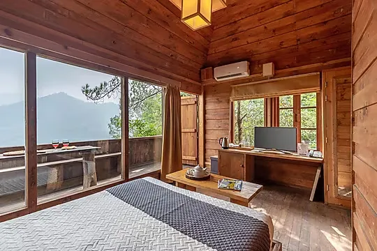 hotel with bar in nagali, solan - alaya stays woodbine chalet 1 bedroom cottage with balcony shimla