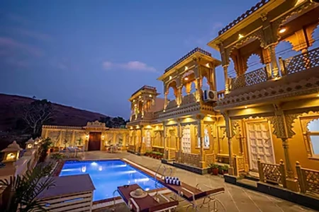 hotel with party hall in kundal ubeshwarji, udaipur - elivaas amber royale 3 bhk with pvt pool & terrace udaipur