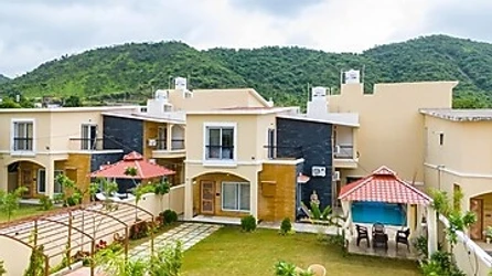 family hotel with pool in dhinkli, udaipur - elivaas casa llios country style 3 bhk villa with pvt pool