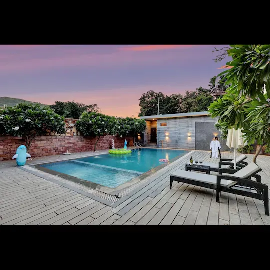 hotel with free parking in ghasiyar, udaipur - elivaas radhyam luxe 2bhk villa with pvt pool